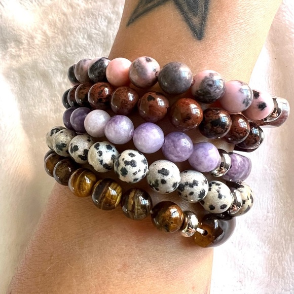 Mahogany Obsidian, Dalmatian Jasper, Pink Zebra, Lepidolite Mala ID Bracelet - Picture 2 of 5